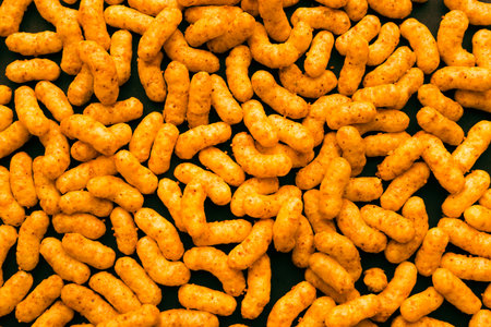 Crunchy peanut puff snacks filling the frame, golden textured background ideal for packaging, advertising, or commercial projectsの写真素材