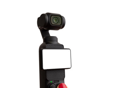 Close-up of compact camera with blank display on white background, ideal for mockups, design templates and technology conceptsの写真素材