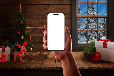 Hand holding smartphone with blank white screen in cozy Christmas cabin interior, tree, gifts and snowy window in warm festive backgroundの写真素材