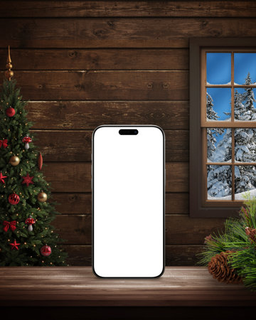 Smartphone with blank screen standing on wooden table, Christmas tree and snowy window background, cozy cabin interior, festive digital conceptの写真素材
