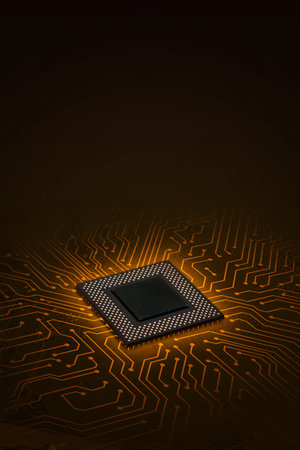 Glowing processor chip on orange circuit board background, representing artificial intelligence,...
