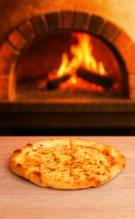 Hot pizza with melted cheese in front of a rustic brick oven, warm fire flames creating cozy restaurant atmosphereの写真素材