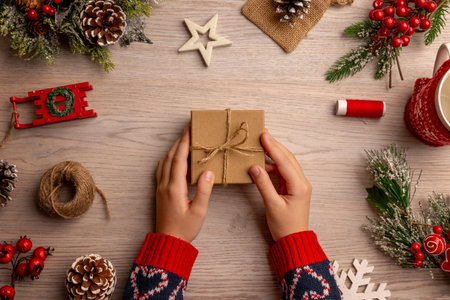 Child holding a wrapped Christmas gift surrounded by festive decorations, capturing the magic and excitement of childhood during holiday seasonの写真素材