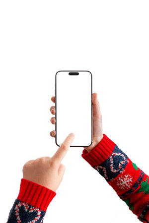 Hands holding smartphone with blank screen on white background, ideal for app mockups, UI presentations, product showcasesの写真素材