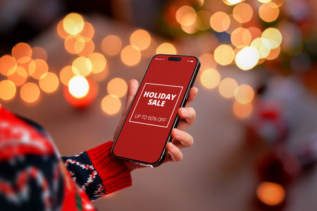 Christmas phone mockup with holiday sale message and warm bokeh lights, perfect for festive promotions, winter marketing campaigns and seasonal advertising visualsの写真素材