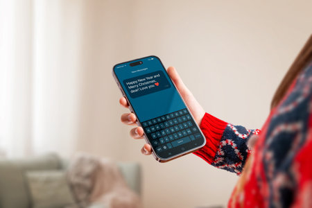 Christmas phone mockup with festive sweater and holiday message on screen, perfect for winter promotions, greetings, mobile apps and seasonal marketing visualsの写真素材