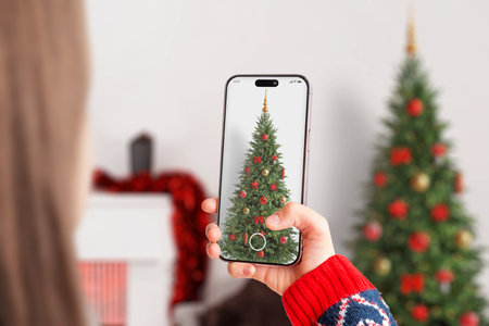 Woman photographing a decorated Christmas tree with smartphone, capturing festive ornaments, warm holiday atmosphere and cozy winter home sceneの写真素材