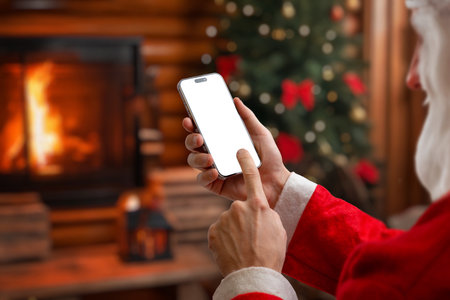 Santa using smartphone with blank screen near fireplace and Christmas tree, ideal for festive mockups, holiday apps, winter marketing and seasonal digital contentの写真素材