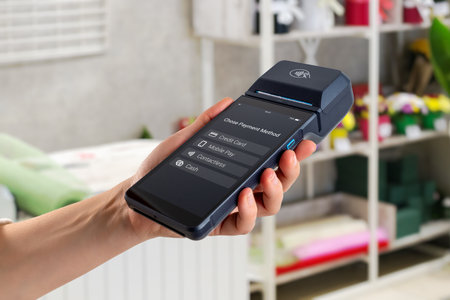 Hand holding POS terminal in store, showing payment method options including credit card, mobile pay, contactless and cashの写真素材