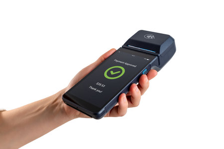 Hand presenting portable POS terminal with payment approved screen, highlighting modern cashless transaction technology for retail environmentsの写真素材