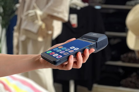 Hand holding smart POS terminal with app interface visible on screen, used in a modern boutique shopping environmentの写真素材