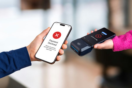 Mobile payment fails during NFC tap-to-pay interaction, showing red decline screens on both devices as customer attempts a contactless transaction at the POS terminalの写真素材