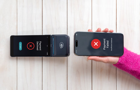POS terminal and smartphone display matching payment failure alerts after an unsuccessful NFC tap-to-pay attempt on a wooden retail counterの写真素材