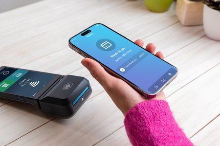 Mobile wallet app prepares for tap-to-pay as the customer holds a smartphone near the POS terminal, ready for a seamless contactless transactionの写真素材
