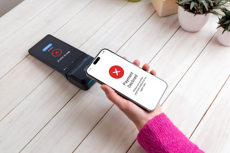 Smartphone shows a red decline warning after a failed NFC transaction, while the POS terminal also displays payment error statusの写真素材