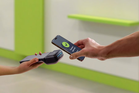 Mobile payment approved on smartphone during in store checkout, showing successful transaction...