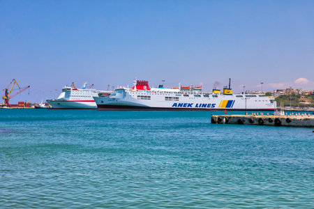 Heraklion, Crete island, Greece. Jun 22, 2019. View from Heraklion fortress to the harbor with passenger ferries.のeditorial素材