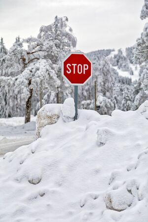 Traffic stop sign covered with snow at the crossroads. Imageの写真素材