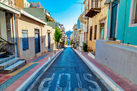 Morning view of Agios Nikolaos street houses. Picturesque town of the island Crete, Greece. Image