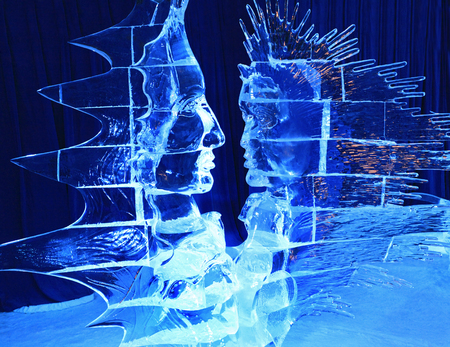 Human faces ice sculptures  illuminated at night in Confederation Park, Winterlude Event, on Feb 12, 2017 in Ottawa, ON, Canadaのeditorial素材
