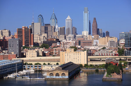 Philadelphia skyline viewed from Delaware River, USAの写真素材
