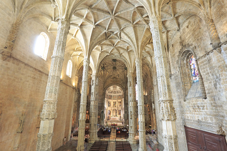 The Jeronimos Monastery or Hieronymites Monastery, is a former monastery of the Order of Saint Jerome near the Tagus River in the parish of BelÃ©m, Gothic interior.のeditorial素材