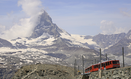 The Gornergrat railway is a mountain rack railway, located in the Swiss canton of Valais. It links the resort village of Zermatt, situated at 1,604 m, to the summit of the Gornergrat.の写真素材