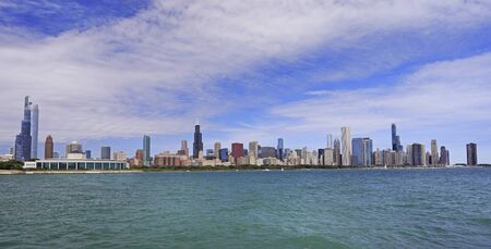 Panoramic view of Chicago skyline with Lake Michigan on the foreground, IL, USAの写真素材