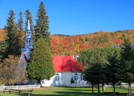 Mont Tremblant Church in autumn, Quebec, Canadaの写真素材