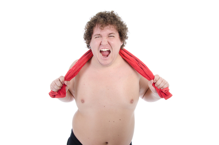 Funny fat man after training.の写真素材