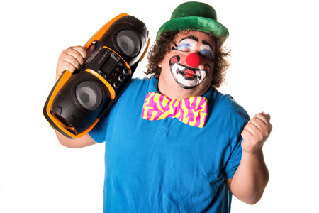Holidays. Funny fat clown. White background.