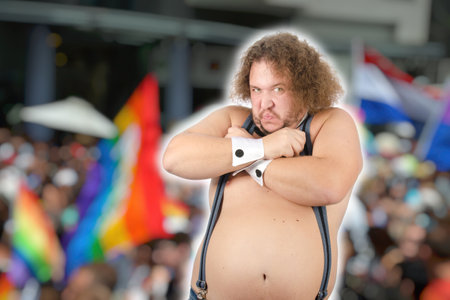 Funny sexy bodybuilder. Fat man.の写真素材