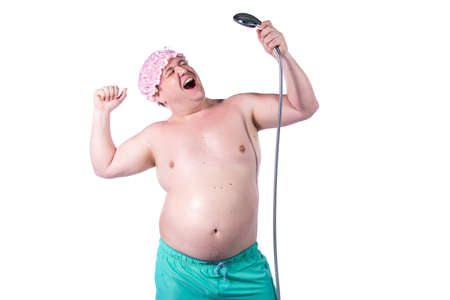Funny fat man sings in the shower.の写真素材