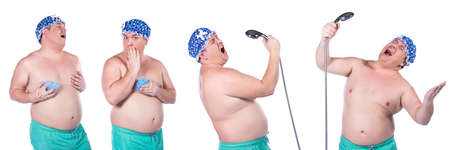 Funny fat man sings in the shower.の写真素材