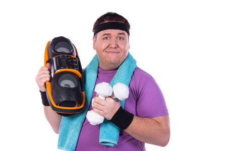 Retro style and fitness club. A funny fat man from the 80s goes in for sports.