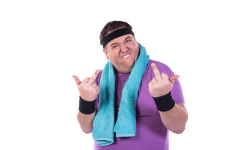 Retro style and fitness club. A funny fat man from the 80s goes in for sports.の写真素材