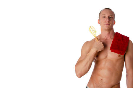 Sexy cook shirtless. Pan and body.の写真素材