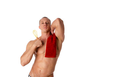 Sexy cook shirtless. Pan and body.の写真素材