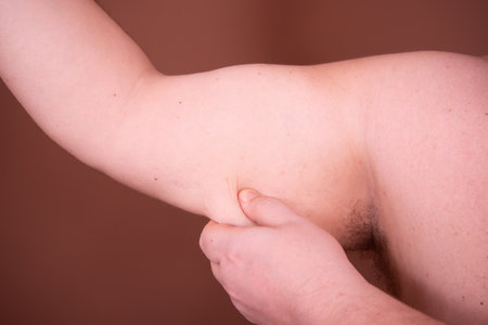 Diet and weight problem. A man with a big belly.の写真素材