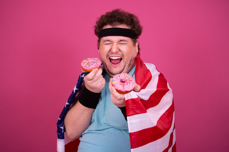 Funny fat man eats donuts. Retro style. Food and fitness.