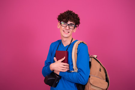 Portrait of a young man with backpack and book against pink backgroundの写真素材