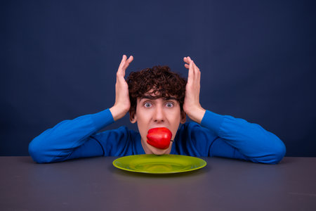 Funny young man with red lips and green plate on blue backgroundの写真素材