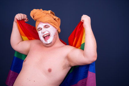 Funny fat man sings in the shower.の写真素材