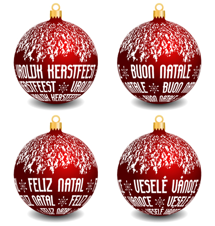 vector red christmas balls with dutch, italian, portuguese and czech language text Merry Christmas, with snowy top part of balls, with blending shadows. Netherlands, Italy, Portugal and Czech version.のイラスト素材