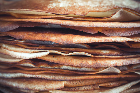 Stack of delicious pancakes fried closeup crepesの写真素材