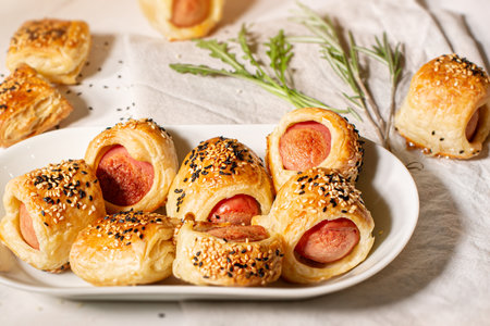 Mini hot dohs wrapped in Puff pastry. linen texture backgroundの写真素材