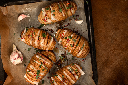 Hasselback Baked Potatoes with Fresh Herbs and pork fat, lard, tallow, garlic. National Ukrainian...