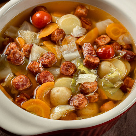 Homemade Frankfurter Sausage in a white soup plate isolated on wooden background.