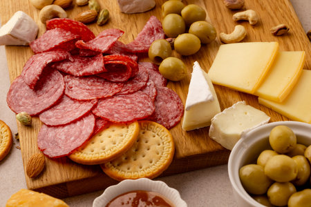 gourmet close-up charcuterie board with round crackers, sliced salami, brie, hard cheese wedges, green olives, nuts and fruit preserves on rustic wood, festive party appetizer, bright daylight snackの写真素材