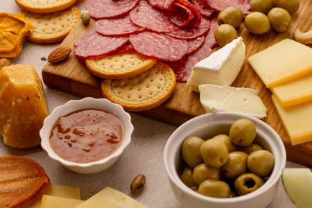 close-up gourmet charcuterie board with sliced salami, round crackers, brie and hard cheese, green olives, mixed nuts and fruit preserves on wood, assorted party appetizer, rustic daylight snackの写真素材